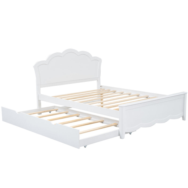 Lit plateforme double en bois avec tête de lit et lit gigogne simple, blanc, Lit double