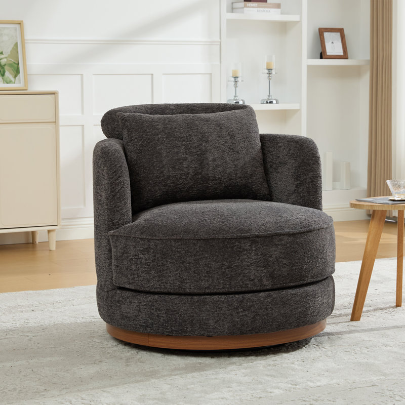 Fauteuil d'appoint pivotant en chenille de 33,8 po de largeur avec appui-tête réglable et anneau décoratif en bois