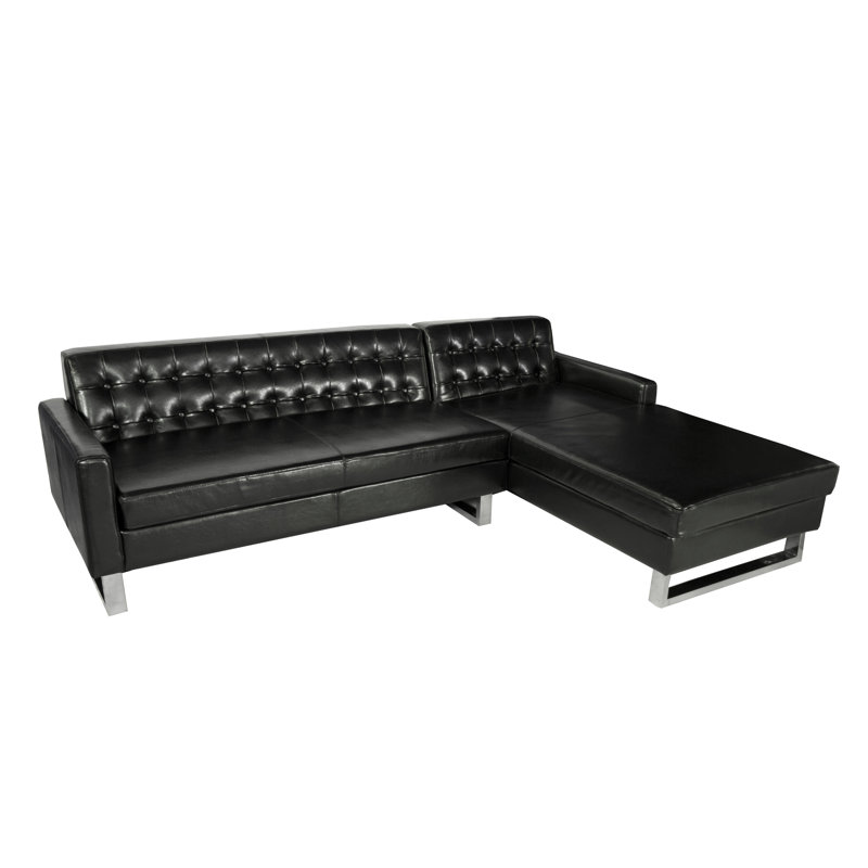 Sloan Sectional– Modern RIGHT Arm Facing Sectional Sofa with Tufted Back, Chaise Lounge, Stainless Steel Legs- Faux/Vegan Leather Sectional - Black SectionaL