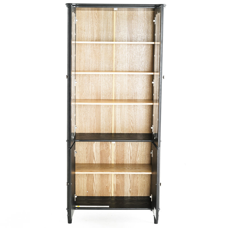 Vitrine de style Mid-Century moderne H 71,07 po avec portes doubles, placage en bois de frêne, tablettes réglables et charnières amortissantes pour rangement de cuisine