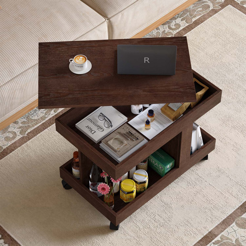 Petite table basse avec roulettes, bureau rotatif à 360 °, table d'appoint multifonctionnelle avec rangement, table de chevet mobile pour meubles de maison, noyer