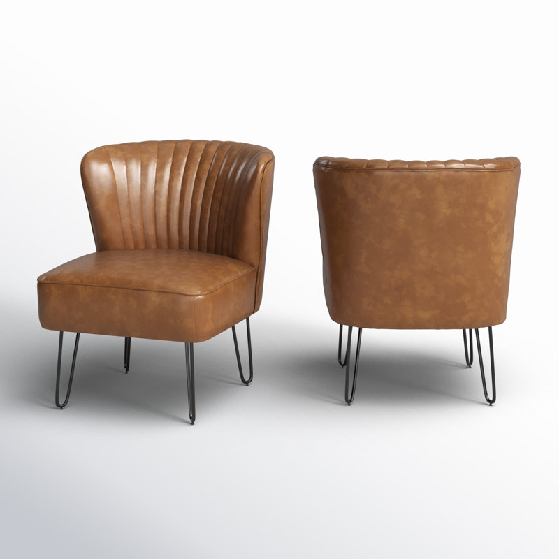 Leona 26" W Faux Leather Tufted Side Chair With Metal Base, Camel Faux Leather