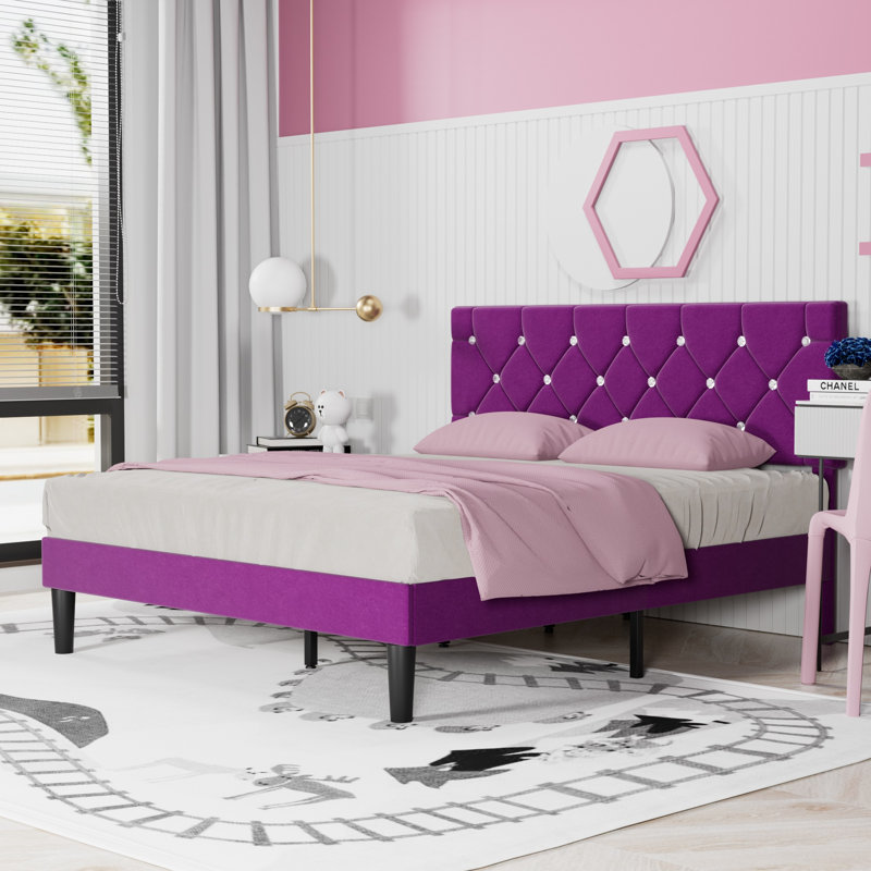 Structure de lit tapissier mauve en velours mauve avec tête de lit capitonnée Diamond, Grand lit, Violet