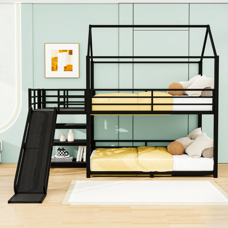 Metal Bunk Bed with Slide and Shelves, Full Over Full