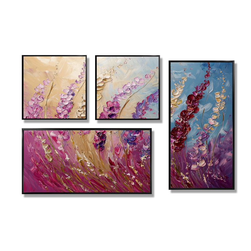 Fleurs violettes, beauté sauvage dépliée I - Art mural floral 4 pièces, Noir, Impression encadrée sans passe-partout