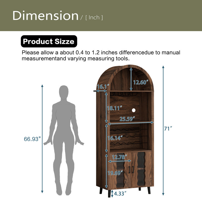 71"Farmhouse Arched Bar Cabinet: Tall Arched Display Cabinet , Arch Wine Bar Cabinets &Coffee Bar, Whiskey Station With Wine Rack And Wine Glass Holder