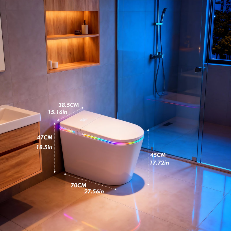 Rgb Ambient Light Smart Toilet With Radar Auto Open Lid, Foot Flush, Power-Off Flush, Bidet Wash Functions, Instant Heating, Adjustable Water Temp & Pressure, Warm Air Drying, Heated Seat, Night Light