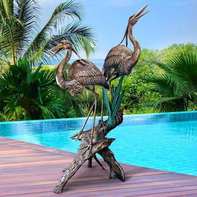 Two Herons on a Log Cast Bronze Garden Statue