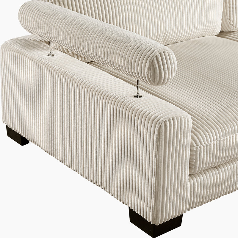 Hulett Square Arms Corduroy Modular Sectional with Chaise, Light Beige Corduroy, 34.5" H x 135" W x 70" D