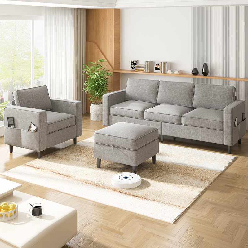 Ensemble de canapé en L 3 pièces avec repose-pieds et fauteuil avec rangement en L, Gris clair