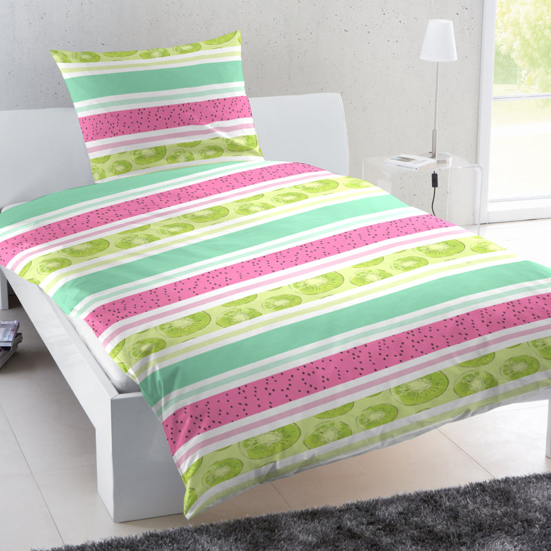 Dupuis  Cotton 144 TC 2 Piece Duvet Cover Set, 155 x 220cm Duvet Cover + 1 Pillowcase, Green/Pink