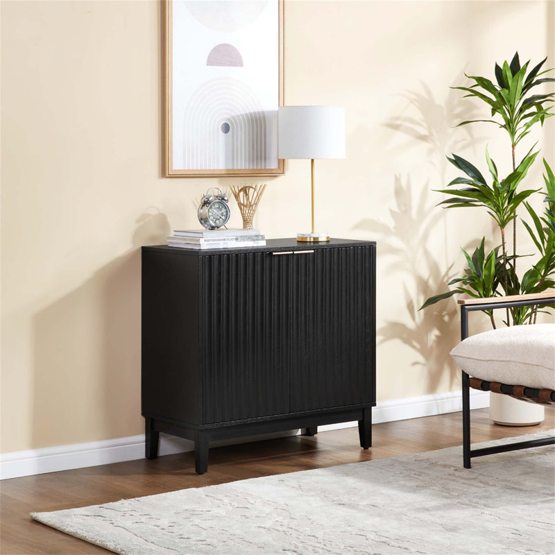 Mid-Century Modern 2 Door Storage Cabinet With Fluted Fronts And Brass Handles, Perfect For Entryway Or Dining Room, Black