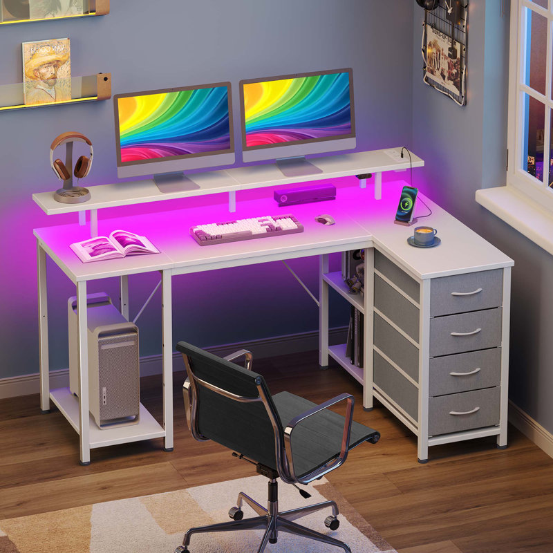 L Shaped Desk with Monitor Stand and Drawers, Gaming Desk with RGB LED Lights &Power Outlets, White