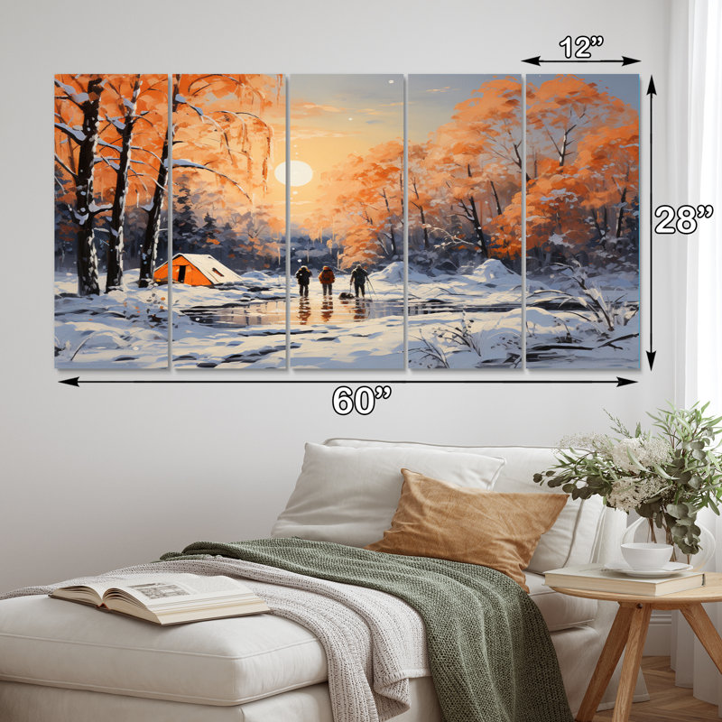 «Winters Camping Glow II», impression d'art mural de paysages - 5 panneaux égaux