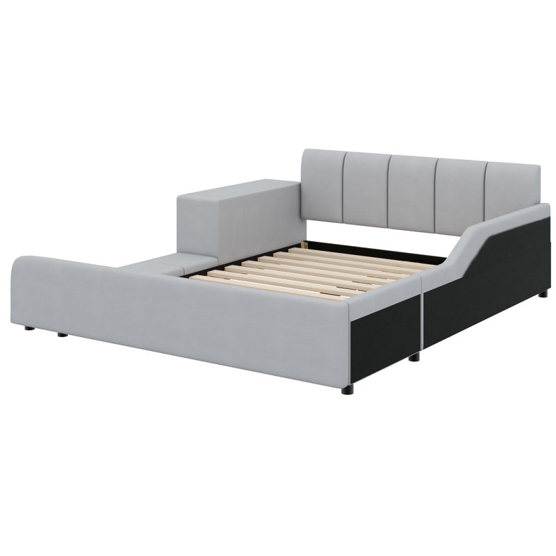 Lit plateforme tapissier avec rangement Leavie, gris, Grand