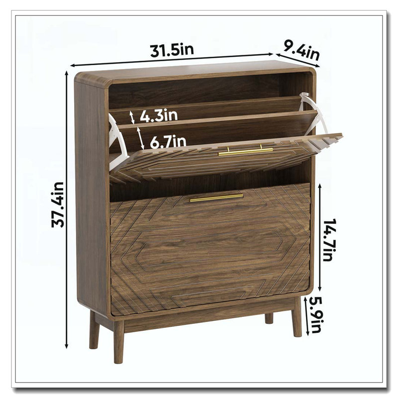 31.5" Walnut Shoe Cabinet, Mid-Century Modern Freestanding Shoe Cabinet, Freestanding Organizer With 2 Flip-Top Drawers