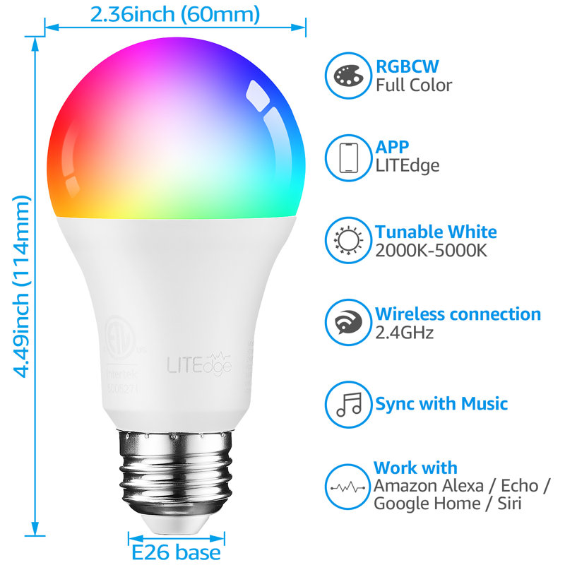 A19 LED Dimmable Smart Bulb 60W Eqv., Multi-colour Alexa App Control E26/Medium Base