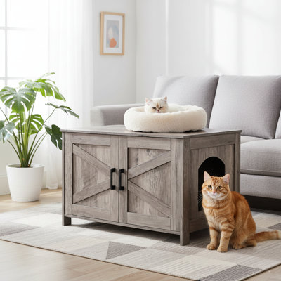 Enceinte de litière pour chat, salle de bain en bois pour chat avec porte de grange, maisonnette pour animaux, grège
