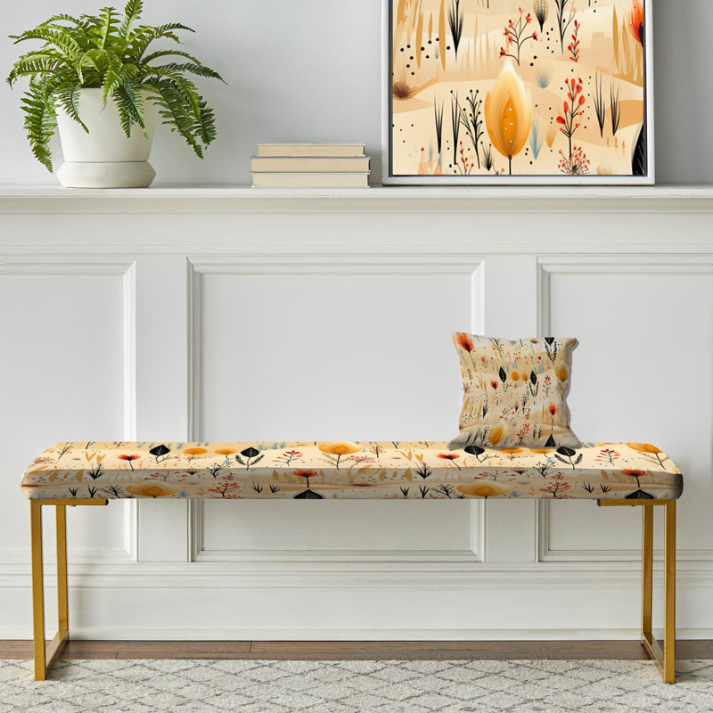 Beige Meadow Flowers Boho Pattern - Floral Upholstered Gold Bench