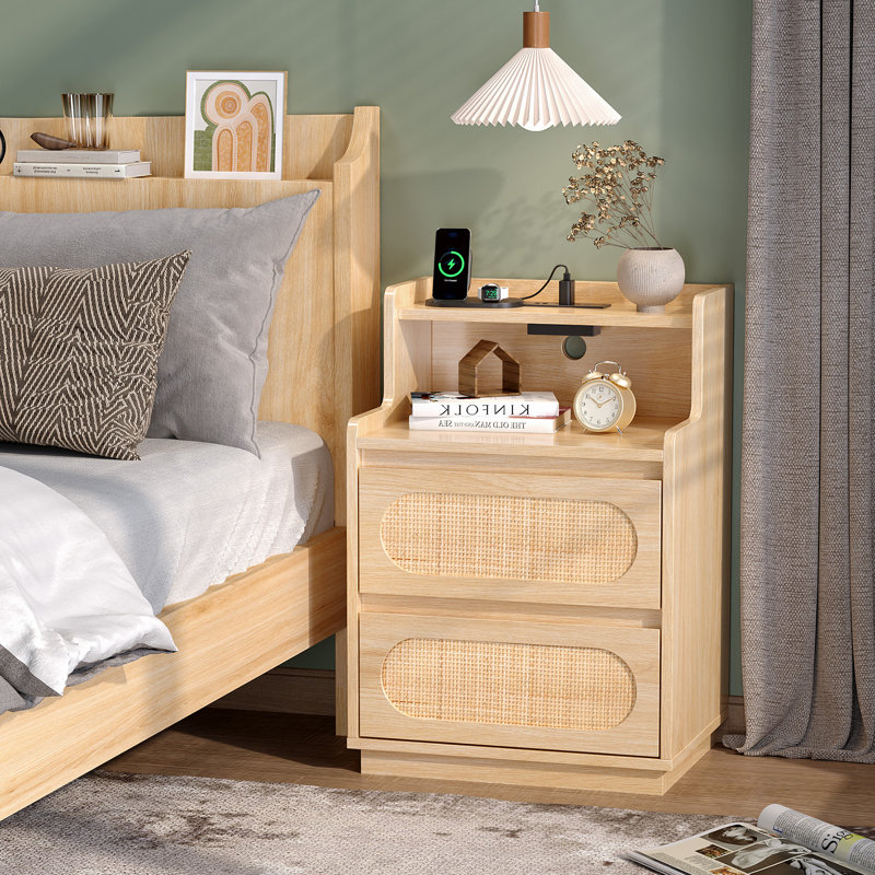 Washed White Nightstand With 2 Drawers, Shelf & US Power Outlet