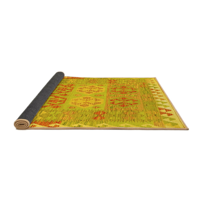 Tapis oriental en laine / polyester tissé à la machine en jaune / vert / orange, Rond 5 pi
