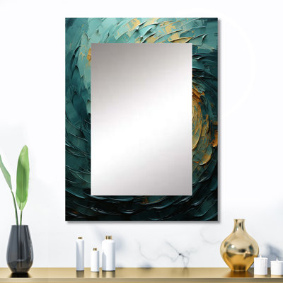 Majestic Motion Teal Spiral IV - miroir abstrait en spirale, miroir mural décoratif bleu, impression d'art en métal