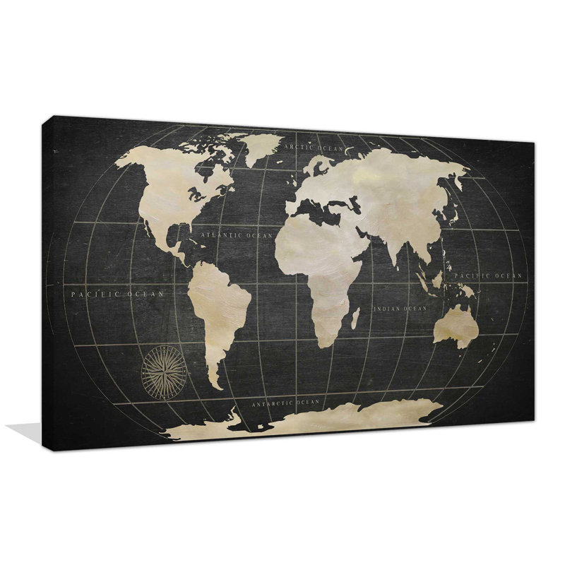 «Vintage World Map», impression, H 18 po x l 30 po x P 1 po, Toile tendue
