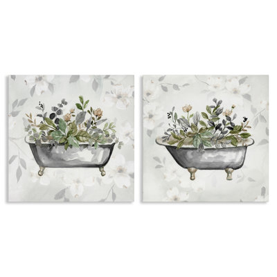 Gray Muted Watercolor Flower Tub 2 PC Canvas Wall Art Set by Nan
