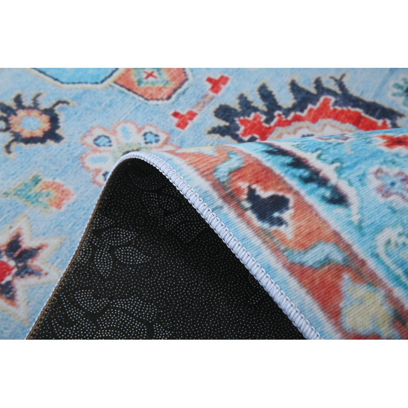 Tapis carré moderne bleu Oushak lavable à la machine avec rembourrage intégré et envers antidérapant, Rectangle 4 pi x 6 pi