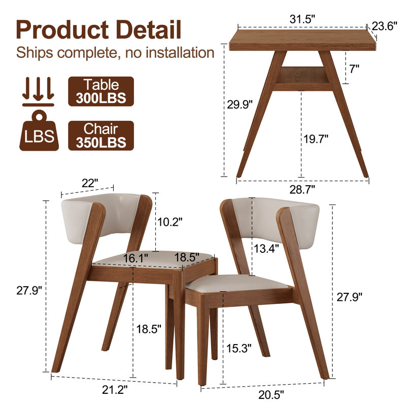 Aderyn Solid Wood 3-Piece Dining Set, Under-Table Open Storage & Tiered Stackable Design Chairs for Small Spaces, Brown