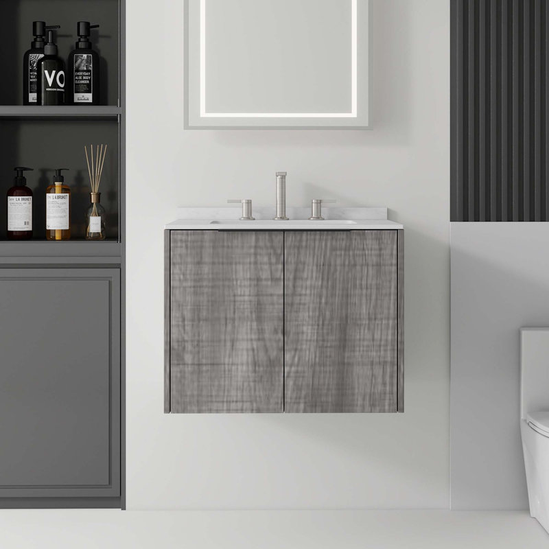 Meuble-lavabo flottant peu encombrant avec lavabo et portes à fermeture en douceur, Gris