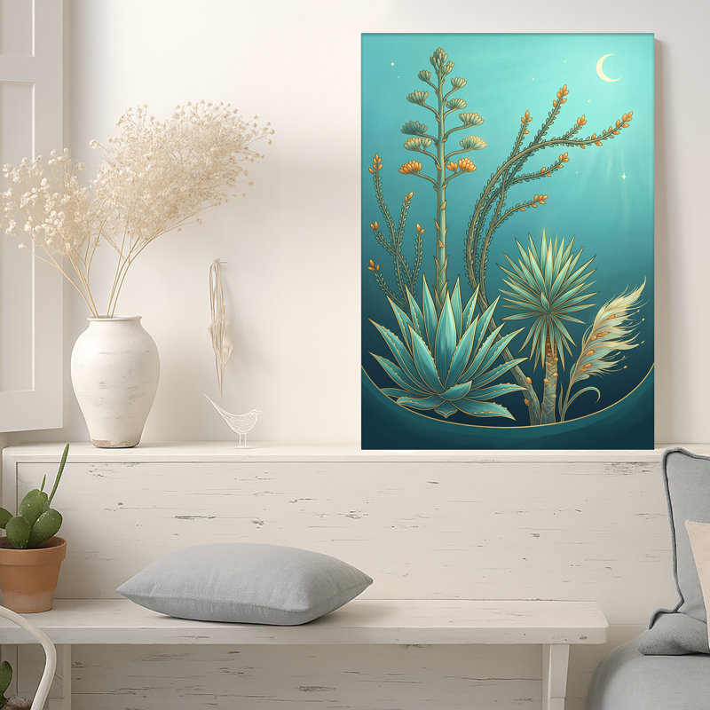 Toile agave sarcelle et yucca avec croissant de lune, art mural sur toile, 18"H x 12"W