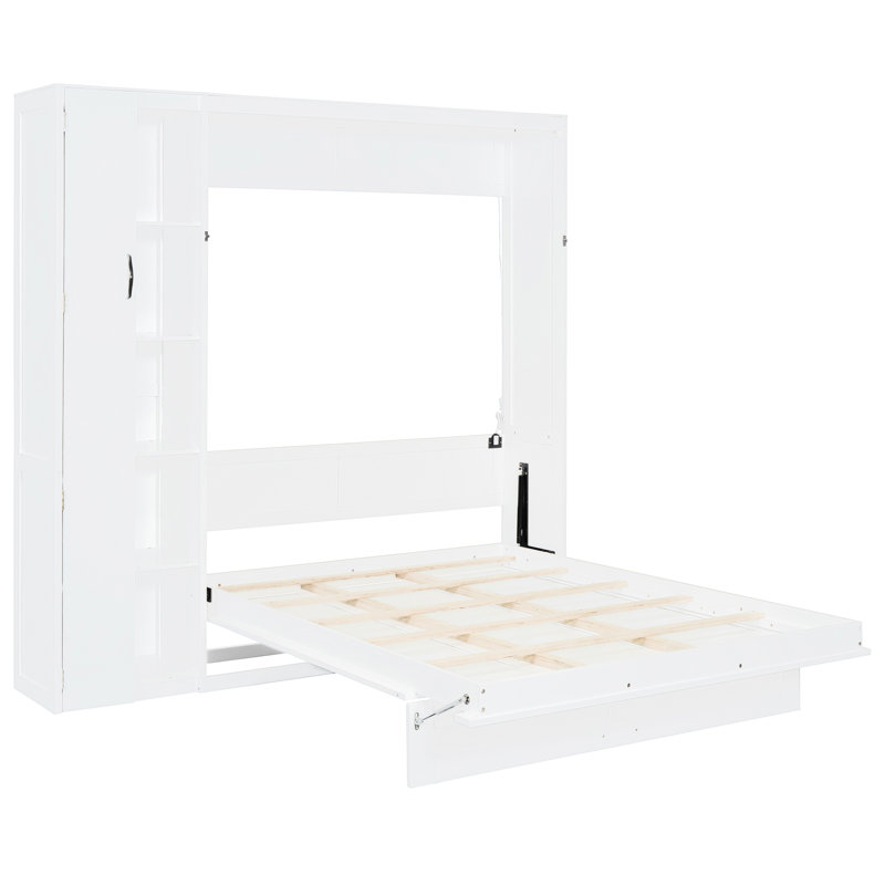 Lit double, blanc, tablettes, garde-robe et lumières à DEL, convient aux pièces polyvalentes, facile à installer dans un petit matelas flexible