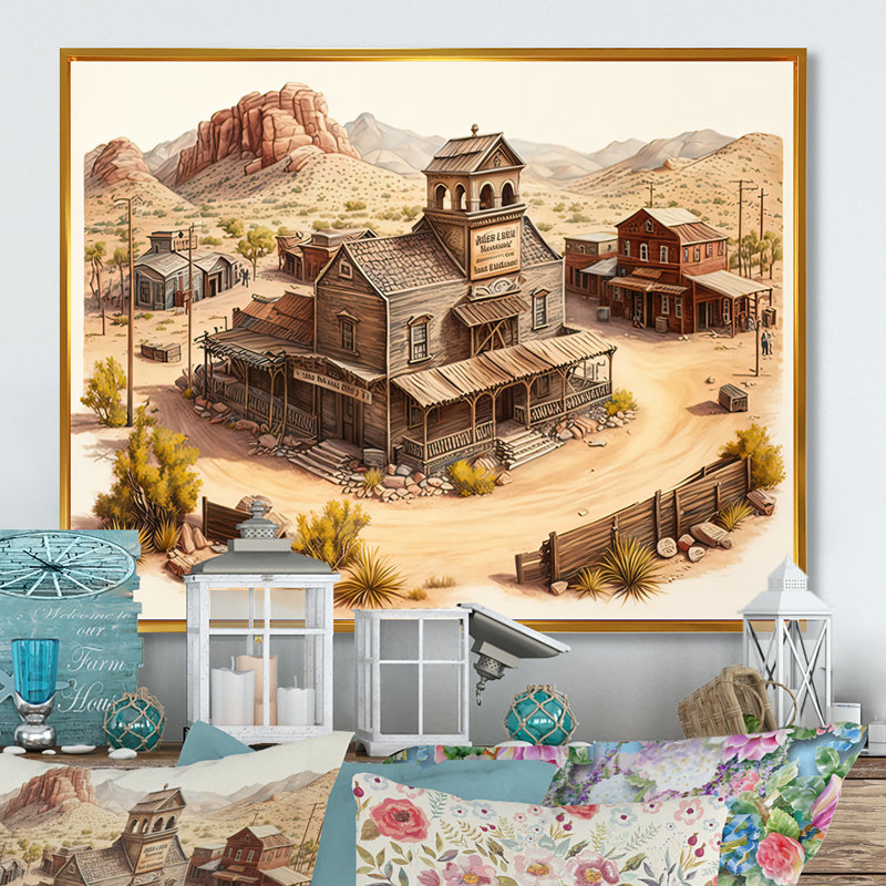 Arizona Wild West Town I - Impression sur toile, H 24 po x l 32 po x P 1 po, Cadre flottant doré