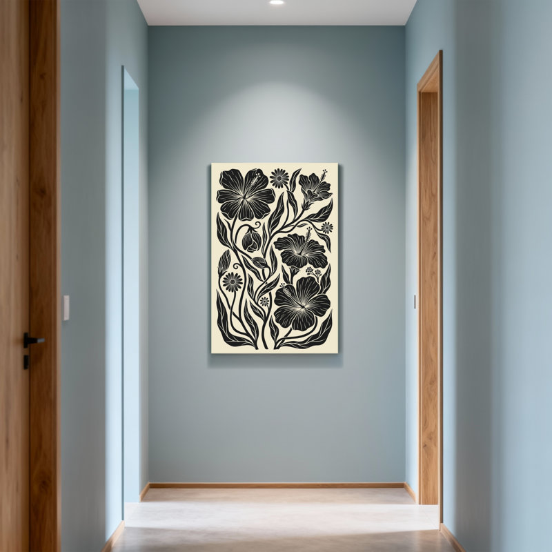 Plantes et fleurs, motif floral noir et blanc, H 18 po x l 12 po