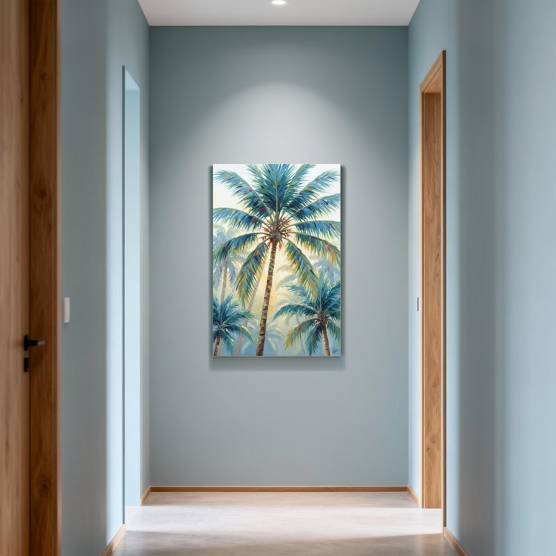 Plantes et fleurs, palmiers, ciel, bleu clair, feuilles vertes, fond de soleil, H 28 po x l 40 po