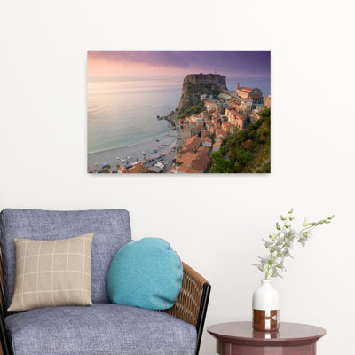High Angle View Of A Town And A Castle On A Cliff Castello Ruffo Scilla Calabria Italy Tranquil Abstract Contemporary Architecture Beach Art