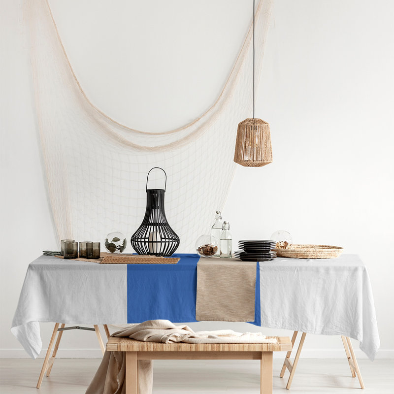 La Bear College Striped Cotton Blend Tablecloth, White/Blue/White