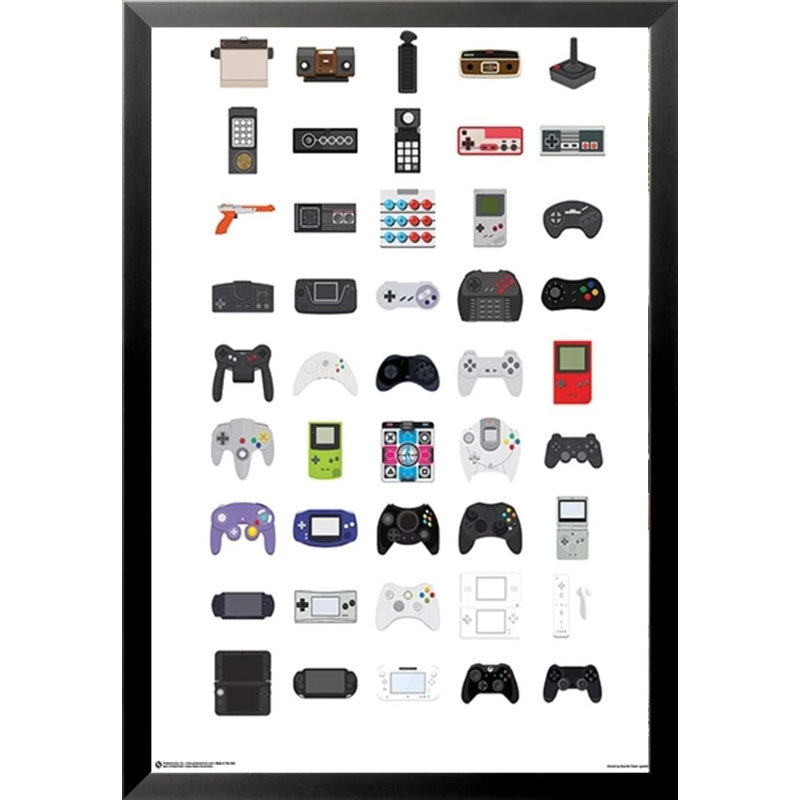 45 - Video Game Controllers Gaming Gamer - impression d'art graphique, Papier encadré noir, H 38,5 po x l 26,5 po x P 1 po
