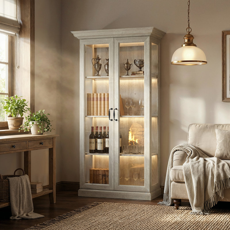 Modern Lighted China Cabinet With Tempered Glass Doors, LED Lighting, And Adjustable Shelves – Warm Oak Finish