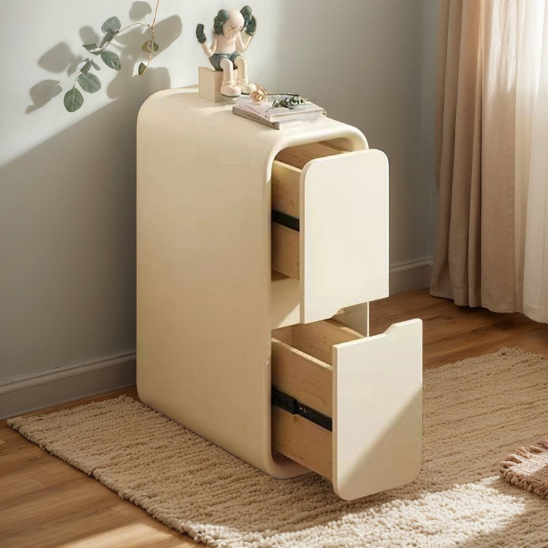 Table de chevet mince en bois massif 10 po avec 2 tiroirs, table de chevet mince avec dessus en cuir beige, conception étroite pour petite chambre à coucher