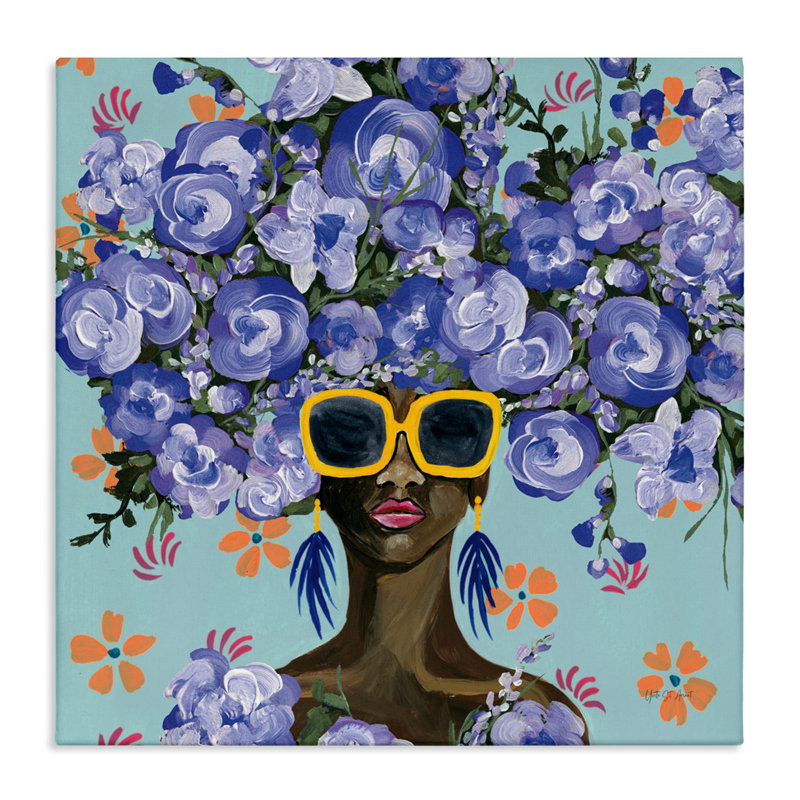 Toile ensoleillée en fleurs bleues, conception par Yvette St. Amant, H 17 po x l 17 po