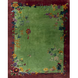Chinese Rectangle Wool Knotted Green - Art Deco Antique Room Size 1920s Rug