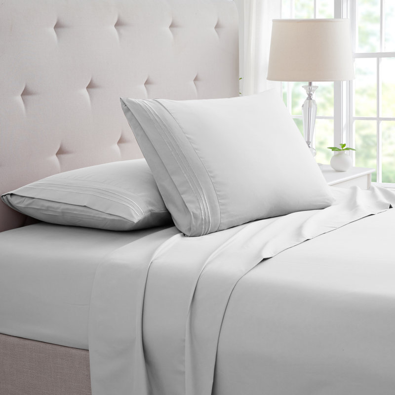 Twin Silver Bamboo Microfiber Embroidered Bed Sheet Set
