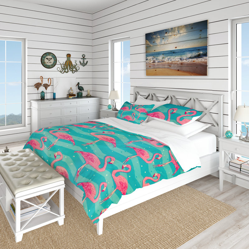 Vintage Beige and Blue Microfiber Coastal Duvet Cover Set