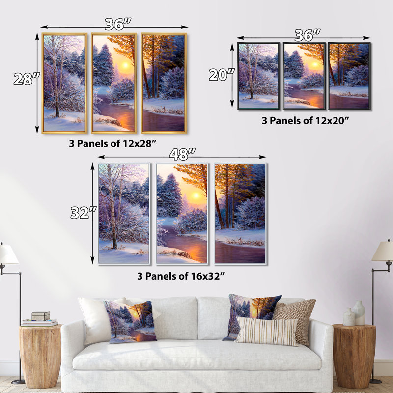 «Winter Forest In River», ensemble de 3 toiles encadrées, H 28 po x l 36 po, Blanc