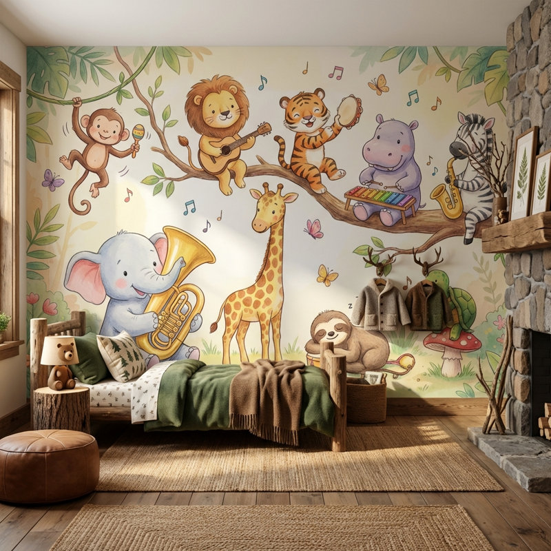 Dessin animé animaux, papier peint forêt, décoration murale amovible, 120"x96", Non-Woven Nonpasted