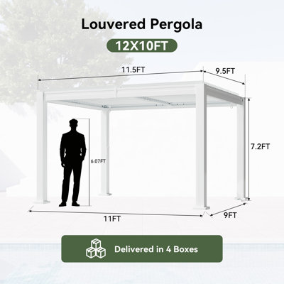 Pergola en acier à lames orientables manuelles, 3,66 m de large x 3,05 m de profondeur, toit inclinable de 0 à 90° avec système de drainage, abri d'extérieur toutes saisons pour terrasse, jardin et piscine, blanc