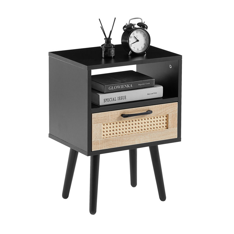 Table de bout en rotin 15,75 po avec tiroir et pieds en bois massif, Noir