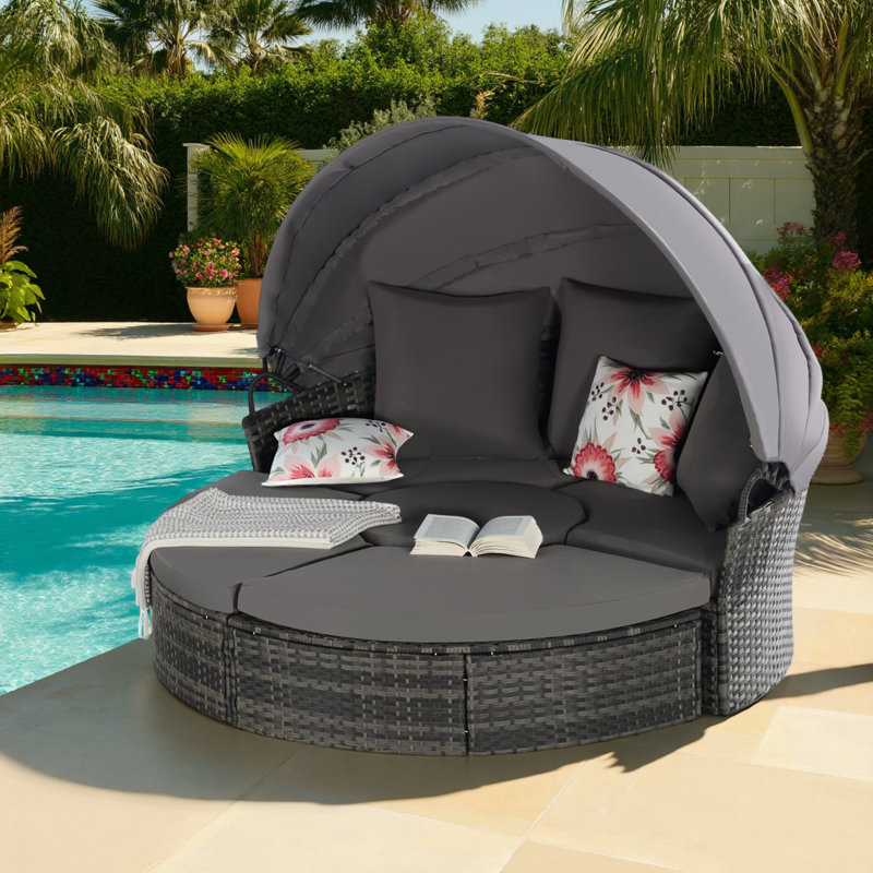 All-Weather 5-Piece Outdoor Daybed Conversation Sets with Retractable Canopy and Hidden Table, Dark Grey